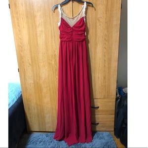 Long Wine Evening Gown Lace Details and Sheer Back